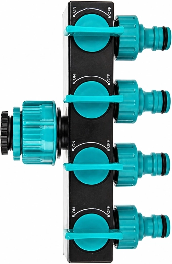 Čtyřcestný rozdělovač na zahradní kohoutek pro hadici s ventily a redukcí 3/4"–1/2"