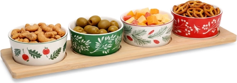 Porcelánové misky na předkrmy na bambusovém podnose, sada 5 ks