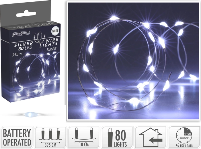Vánoční LED světelný řetěz 3,95 m, 80 LED, studená bílá, na baterie s časovačem - 1 kus