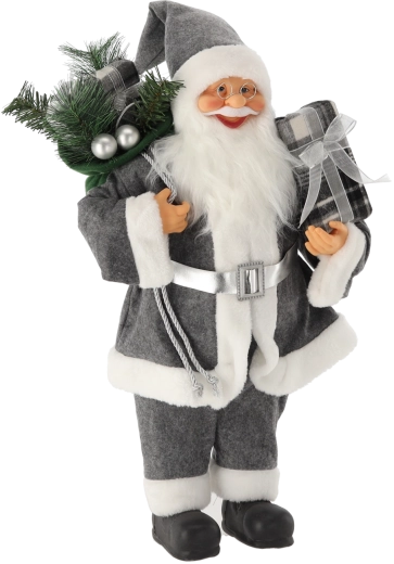 Stojící šedý Santa Claus 60 cm – vánoční figurka s pytlem dárků
