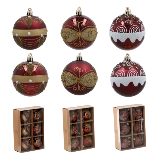 Sada vánočních ozdob burgundská 7 cm – 6 ks, nerozbitné s perličkami a zlatými detaily