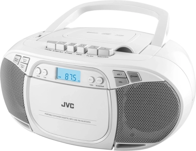 JVC přenosný boombox s CD, kazetou, Bluetooth a USB bílý