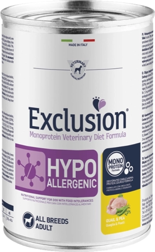 Exclusion konzerva pro psy Hypoallergenic Quail & Pea 400 g