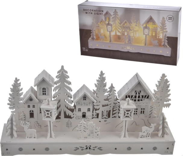 Dřevěný domeček s LED osvětlením bílý 30 cm