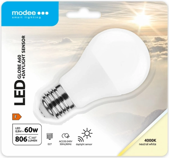 Modee Lighting LED chytrá žárovka A60 8,8 W E27, neutrální bílá se světelným senzorem