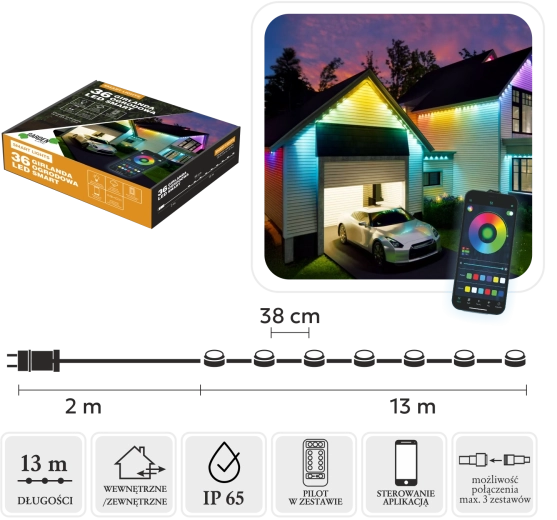 Chytrá LED girlanda 36 RGB, multicolor, 15 m, IP65, vnitřní i venkovní