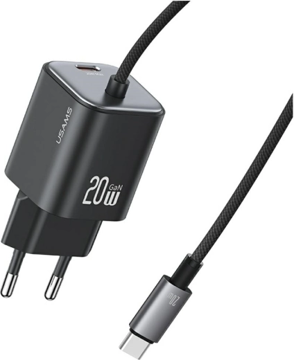 USAMS JC series gaN mini síťová nabíječka 20 w se zabudovaným usb‑c kabelem (2× usb‑c), černá