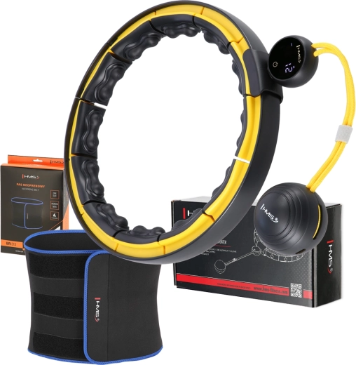 Sada masážní hula hoop se závažím HMS HHM21 a zeštíhlujícího pásu BR1313 černá/žlutá