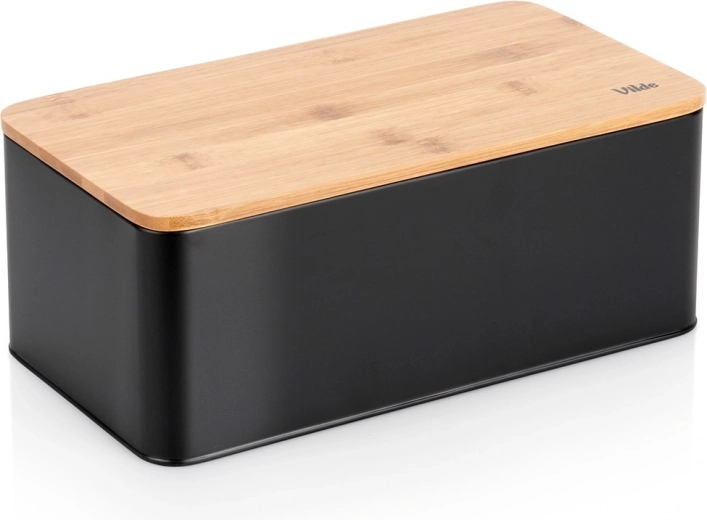 Kovový chlebník s bambusovým víkem, černý 33 × 18 × 13 cm