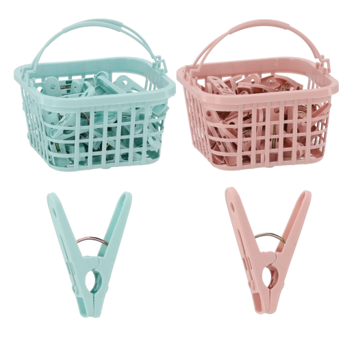 Sada 30 plastových kolíčků na prádlo v košíku