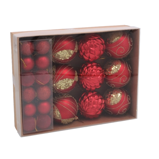 Sada 33 vánočních ozdob v červené, stříbrné a zlaté barvě