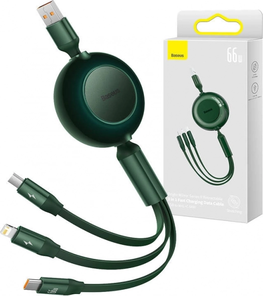 Baseus Bright Mirror 3 USB kabel 3 v 1 pro micro USB, USB‑C a Lightning 66W 1,1 m – Zelený