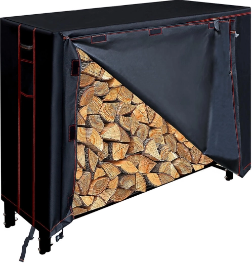 Kovový stojan na palivové dřevo s plachtou 122 × 36 × 122 cm, černý