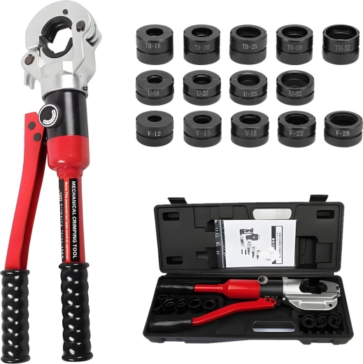 Hydraulické lisovací kleště Renew Force na trubky PEX 12 t s otočnou hlavou 360° (16–32 mm) s matricemi U/TH/V
