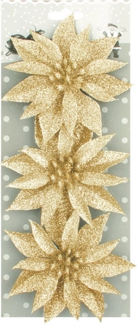 Vánoční růže se zlatými třpytkami – sada 3 ks