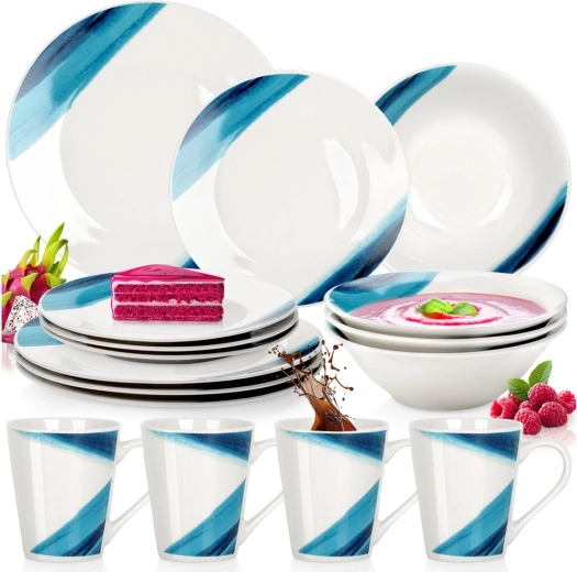 Porcelánová jídelní sada 16 ks bílá s modrým dekorem