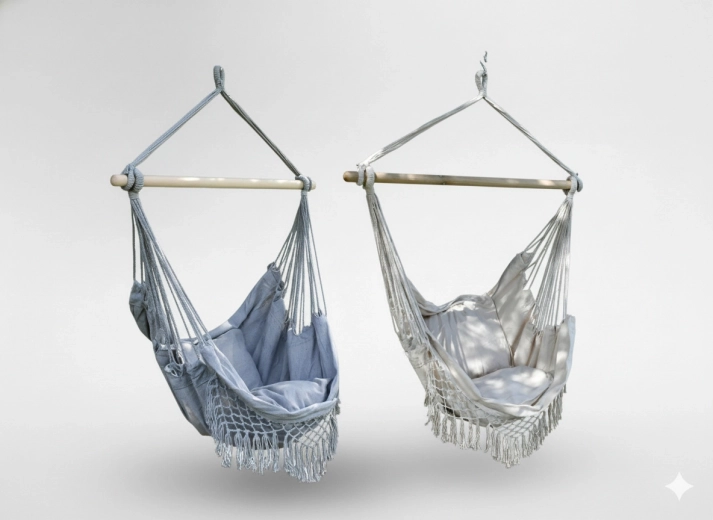 Závěsné brazilské křeslo boho s polštáři, 130 × 100 cm, béžovo‑šedé