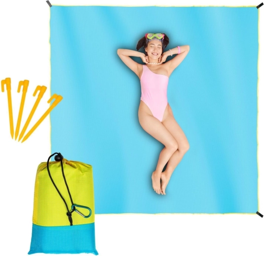 Voděodolná plážová podložka a pikniková deka 210 × 200 cm modrá se žlutým lemem