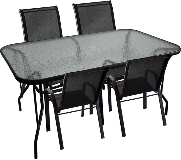 Zahradní jídelní set se skleněným stolem a 4 židlemi, ocel a textilén, černý