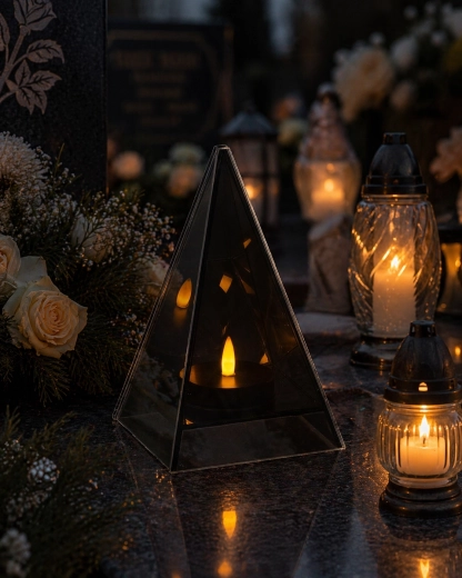LED dekorativní lampion pyramida 12 × 12 × 19 cm s efektem plamene
