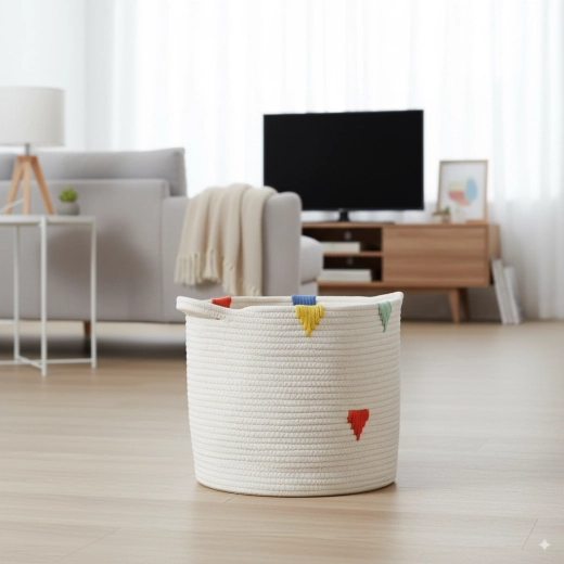 Kulatý textilní koš na prádlo a hračky 27 × 24 cm – bílý s barevným vzorem