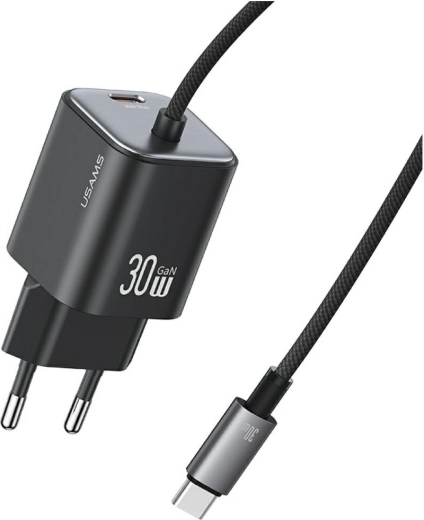 Usams jc series cc264 30 w gan síťová nabíječka s vestavěným kabelem usb-c (černá)