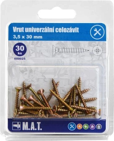 Univerzální vruty celozávit 3,5 × 30 mm, pozink, 30 ks