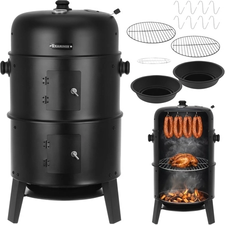 Zahradní uhlíkový gril a udírna 3v1 s poklicí a teploměrem KAMINER