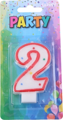 Párty svíčka číslo 2 na dort – bílá s červeným okrajem a puntíky