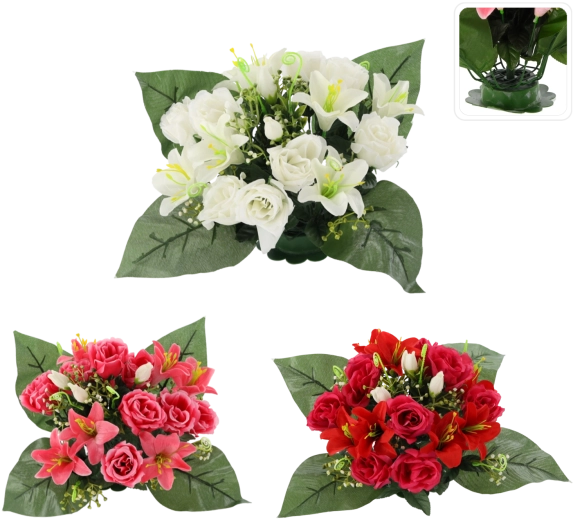 Umělá květinová vazba růže a lilie 25 × 27 × 27 cm, mix barev