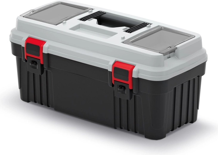 Plastový kufr na nářadí s přihrádkami a vložkou, šedý