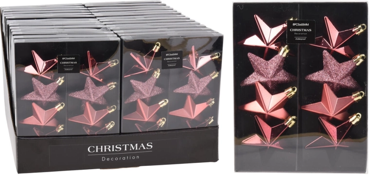 Vánoční ozdoby hvězdy 6,5 cm růžové, sada 8 ks