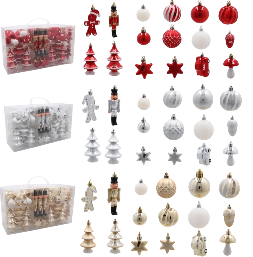 Sada 50 vánočních ozdob v červené, stříbrné a zlaté barvě