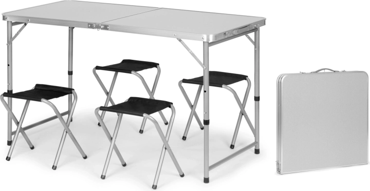 Skládací turistický stůl v kufříku s nastavitelnou výškou a 4 stoličkami 120 × 60 cm, stříbrný