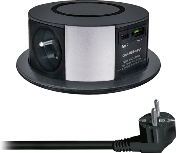 Solight výsuvný blok zásuvek se 3 zásuvkami, USB-A/USB-C PD 20 W a bezdrátovým nabíjením Qi 10 W, 2 m, černý