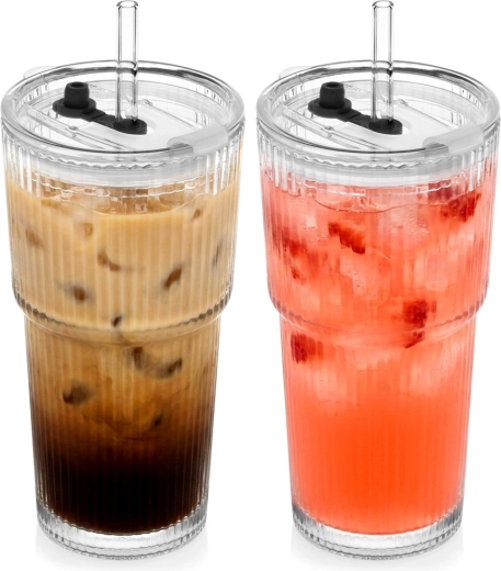 Skleněné tumbler kelímky s víčkem a brčkem 500 ml, sada 2 ks