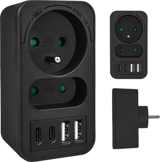 Rozbočovač do zásuvky s 1 schuko, 1 euro a 4× USB (2× USB‑A 18 W, 2× USB‑C PD 20 W)