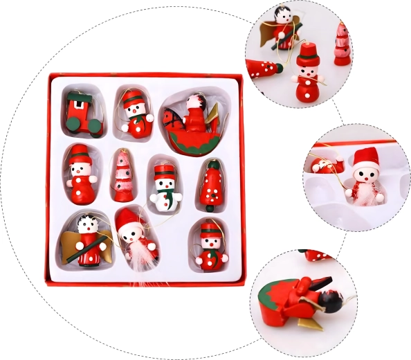 Dřevěné vánoční ozdoby na stromeček, závěsné dekorace – sada 10 ks