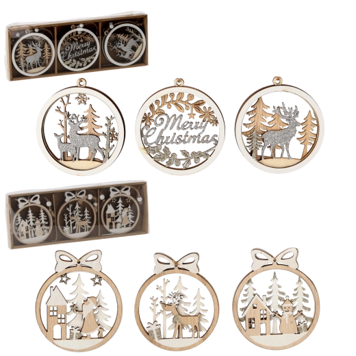 Sada dřevěných vánočních ozdob – 6 kusů