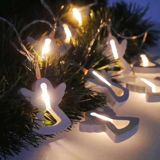 LED světelný řetěz dřevění andílci na baterie, 10 LED