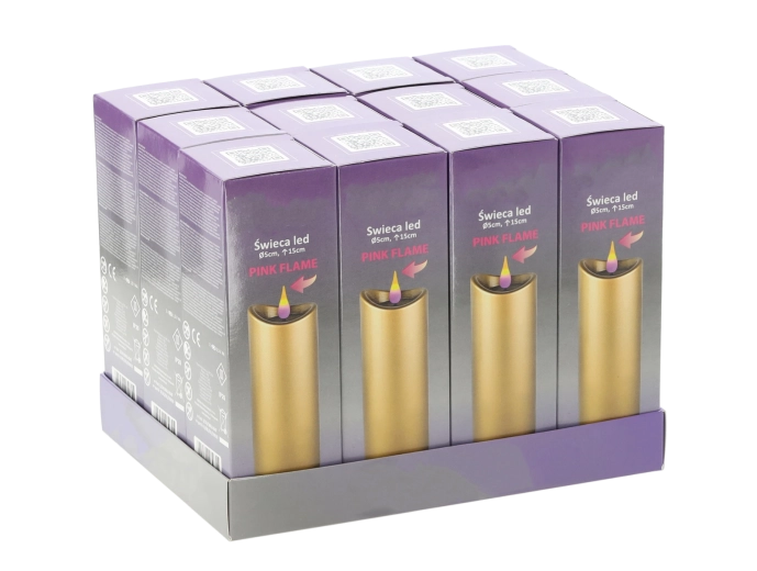 LED svíčka 5 × 15 cm zlatá s růžovým plamenem, baterie v balení
