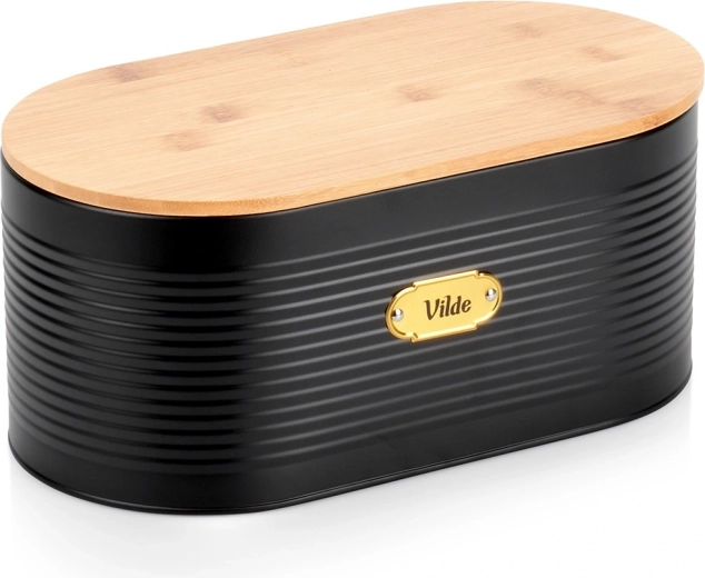 Kovový chlebník s bambusovým víkem, černý, 34 × 18,5 × 15 cm