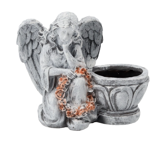 Soška klečícího anděla s květináčem, šedá, 23,5 × 12,5 × 20 cm