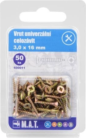 Univerzální vrut celozávit 3,0 × 16 mm, pozink, 50 ks