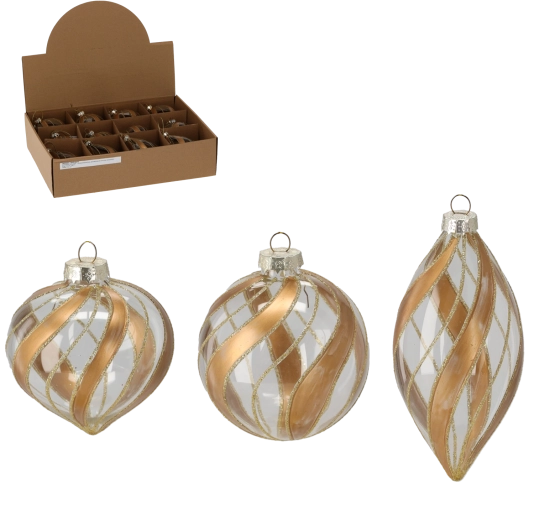 Skleněná průhledná vánoční baňka s dekorem, mix vzorů