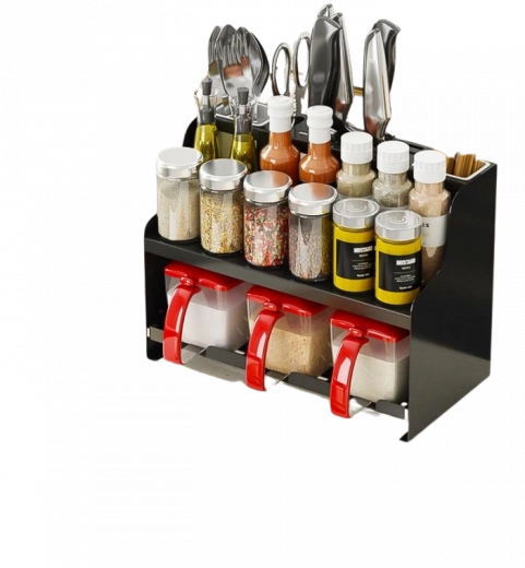 Multifunkční dvoupatrový kořenkový organizér s přihrádkami na kuchyňské doplňky – černý