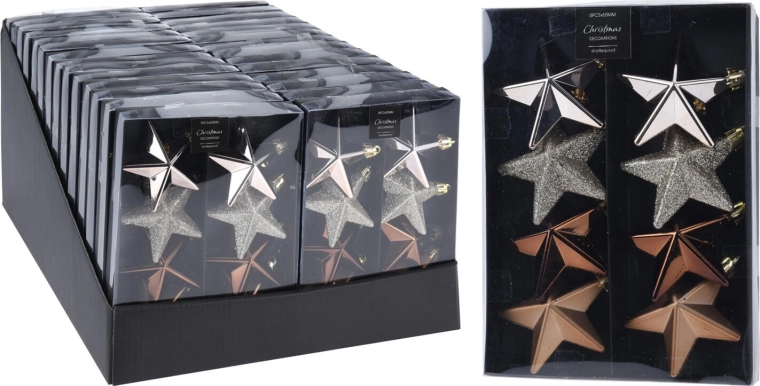 Vánoční ozdoby hvězda 6,5 cm – mix hnědá, zlatá, stříbrná (8 ks)