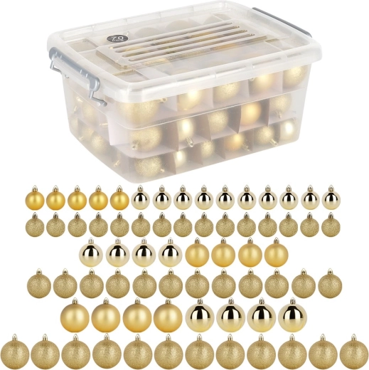 Nerozbitné zlaté vánoční koule v boxu 4 / 5 / 6 cm, 70 ks