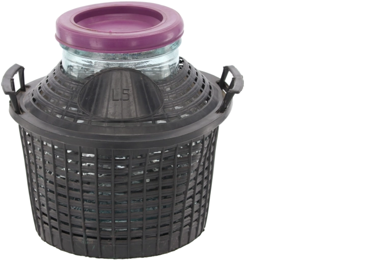 Skleněný demižon 5 l se širokým hrdlem a plastovým košem