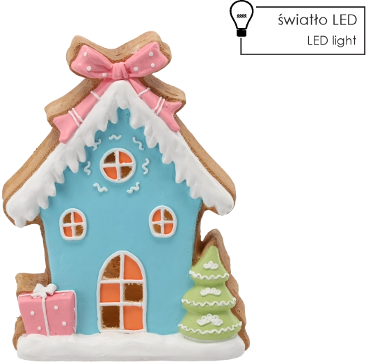 Vánoční figurka – modrý perníkový domek s LED osvětlením